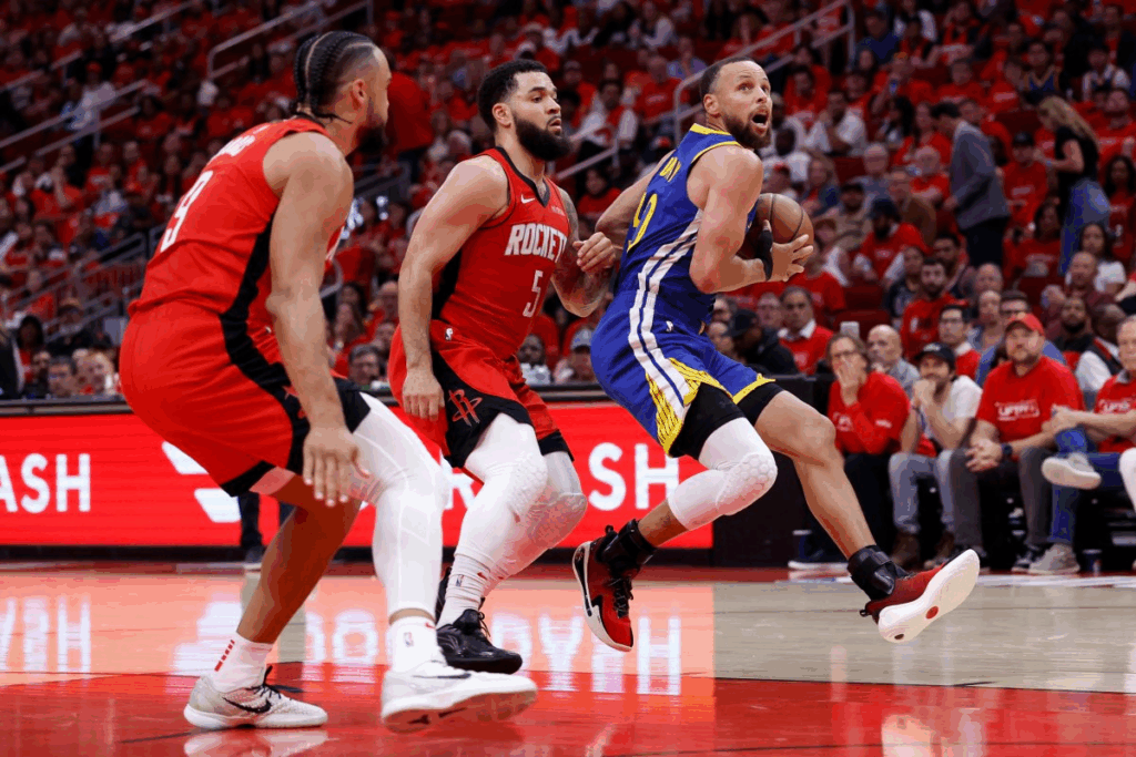 Steph Curry of Warriors against Houston Rocket players